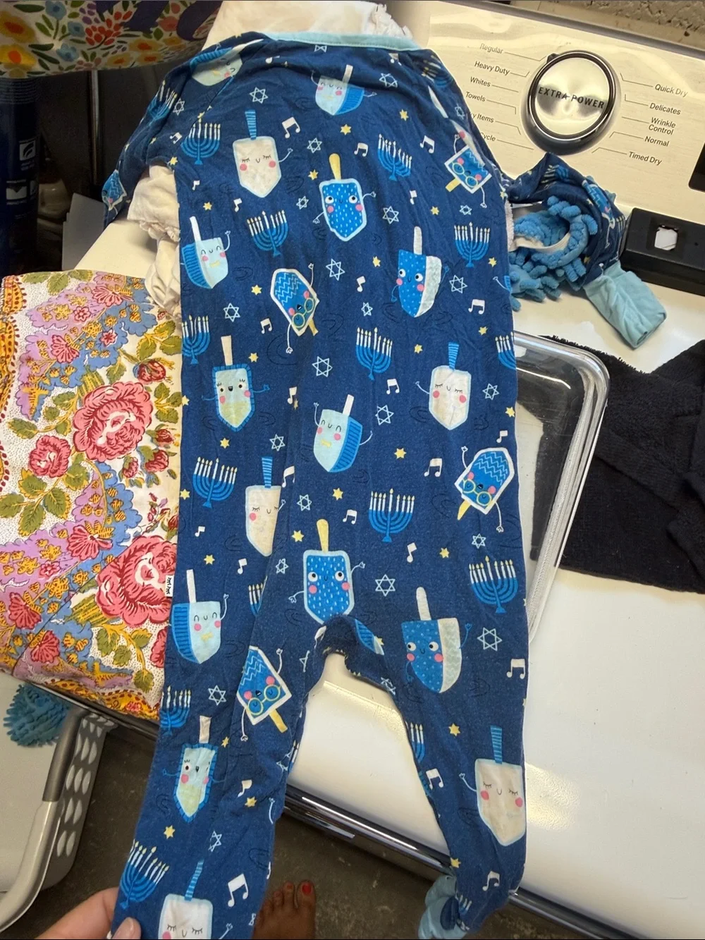 Little Sleepies Navy and Light Blue Dreidel & Menorah Zip Pajama